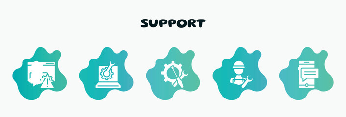 support filled icons set. flat icons such as technical support, support tools, repair expert, sms message, customer problem icon collection. can be used web and mobile.