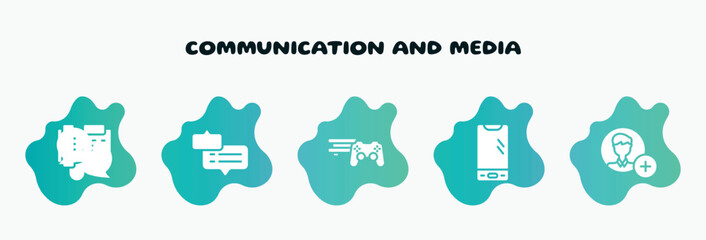 communication and media filled icons set. flat icons such as chat bubble with ellipsis, video game console ps4, smartphone with three buttons, add contact, icon collection. can be used web and