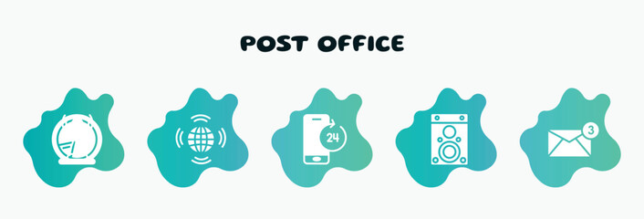 post office filled icons set. flat icons such as worldwide transmissions, smartphone 24 hours service, speaker box, new email, postman icon collection. can be used web and mobile.