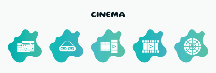 cinema filled icons set. flat icons such as old 3d glasses, film strip black, film strip with play triangle, round carpet, inc icon collection. can be used web and mobile.