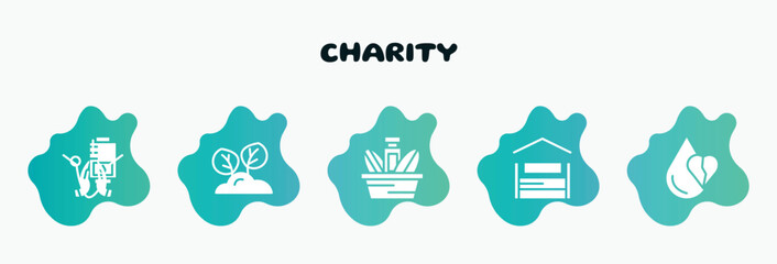 charity filled icons set. flat icons such as reforestation, charity food, shelter beds, heart drop, praying icon collection. can be used web and mobile.