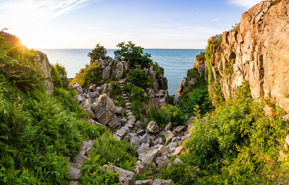 sunset view of the R&oslash;verborgen at the coast of baltic sea on bornholm denmark
