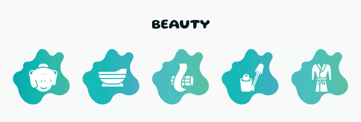 beauty filled icons set. flat icons such as bathtube, curl, nail color, robe, glowing skin icon collection. can be used web and mobile.