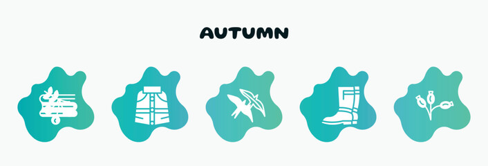 autumn filled icons set. flat icons such as cloak, bird migration, rain boots, rosa canina, blanket icon collection. can be used web and mobile.