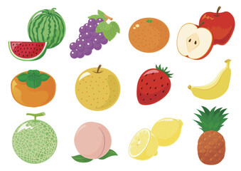 果物（スイカ・ぶどう・みかん・りんご・柿・梨・いちご・バナナ・メロン・桃・レモン・パイナップル）