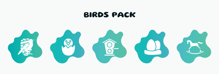 birds pack filled icons set. flat icons such as bird in broken egg, birds home, egg, horse rocker, bird of black feathers icon collection. can be used web and mobile.
