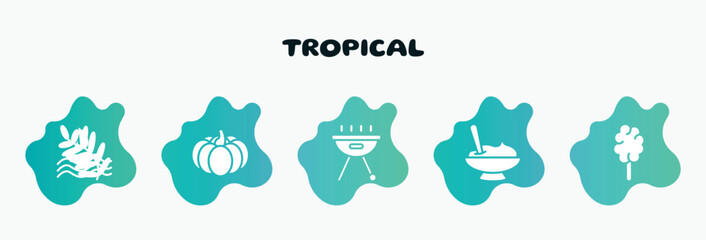 tropical filled icons set. flat icons such as pumpkin, , mashed potatoes, cotton candy, fern icon collection. can be used web and mobile.