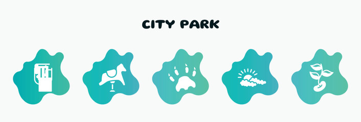 city park filled icons set. flat icons such as rocking horse, paw print, cloudy, beans, trash can icon collection. can be used web and mobile.