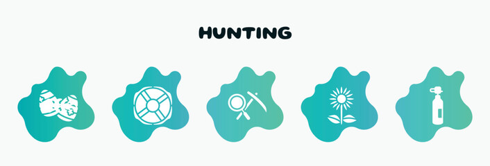 hunting filled icons set. flat icons such as lifebuoy, geology, sunflowers, oxygen tank, fishbone icon collection. can be used web and mobile.