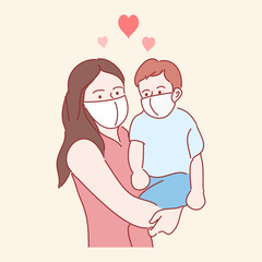 mother and child with white medical face mask. Hand drawn style vector illustrations.