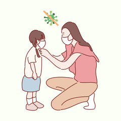 mother and child with white medical face mask. Hand drawn style vector illustrations.