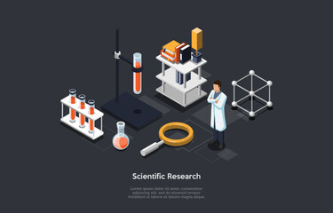 Concept Of Scientific Research. Scientist Man In Uniform Research DNA, Molecular Biotechnology And Make Experiments In Laboratory Using Chemistry Equipment. Isometric Cartoon 3d Vector Illustration