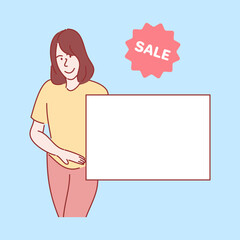 Online Sale Promotion Event. young women holding blank white paper. Hand drawn style vector illustrations.
