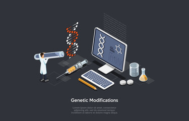 Concept Of Science And Genetic Modifications. Laboratory Scientist Make Experiments, Genetic Research, Modification DNA Molecular Tests. Genetic Engineer Scientists. Isometric 3d Vector Illustration