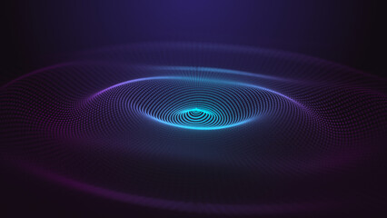 Futuristic dark background. The ripple effect of a web of blue and pink dots. Big data. Illustration of technologies and artificial intelligence. The effect of particle oscillation. 3D rendering.