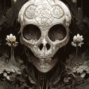 Vintage victorian skull with flowers as background wallpaper