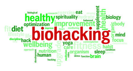 Biohacking wordcloud related to hacking the body and trying to improve it