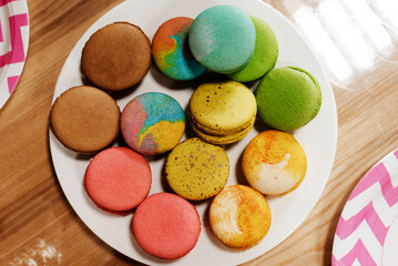 Close up colorful macarons dessert with vintage pastel tones