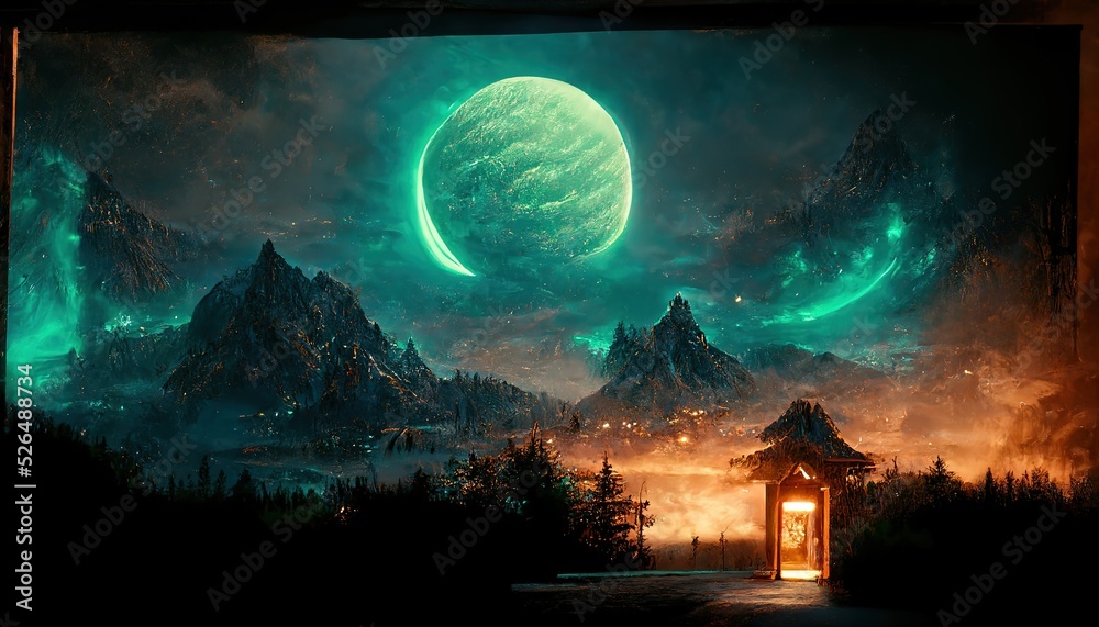 Canvas Prints Portal at night in a mountain mystical valley, a bright glow around