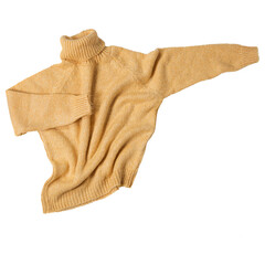 Yellow knitted sweater, sleeves up, like a superhero, on a white background
