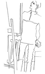 Painter at work draws from nature at canvas easel. One line sketch profession people. Full length thin young guy artist drawn illustration. Character Daily Life Clip Art Simplified Design Sketch boy