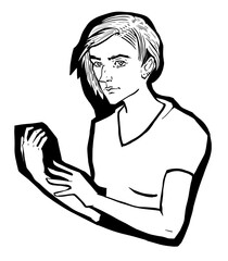 Youth girl beautiful face portrait full length linear fashion sketch illustration. Cover clip art for magazine, beauty salon, hairdresser. Trendy print hand-drawn pattern. People icons casual look