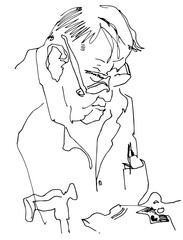 Hand drawn minimalistic line sketch abstract people realistic cartoon comic style man. Concept of elderly person using smartphone. Portrait of retired man clip-art for design lack of appearance