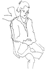 Flat Illustration Young Guy Line Drawing with Phone in Hands. One Line Minimalistic Realistic Cartoon Man Image Comic Style. Character Daily Life Clip Art Simplified Design. Sketch Boy Portrait 