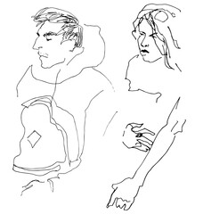 Flat Illustration Young Guy Line Drawing with Phone in Hands. One Line Minimalistic Realistic Cartoon Man Image Comic Style. Character Daily Life Clip Art Simplified Design. Guy With Backpack Travels 