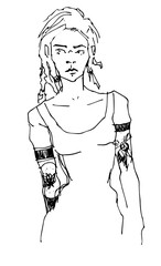 Youth girl beautiful face portrait full length linear fashion sketch illustration. Cover clip art for magazine, beauty salon, hairdresser. Trendy print hand-drawn pattern. People icons casual look