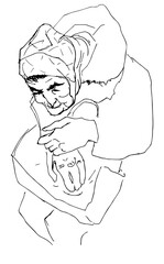 People illustration old woman line art close up clip art. Minimalism concept Line drawing style. silhouette old hunched woman holds bag in hands. Posture problems. Poor old age concept of destitute