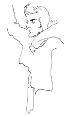 Flat Illustration Young Guy Line Drawing with Phone in Hands. One Line Minimalistic Realistic Cartoon Man Image Comic Style. Character Daily Life Clip Art Simplified Design. Sketch Boy Portrait 