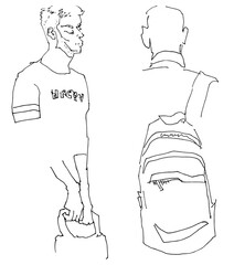 Flat Illustration Young Guy Line Drawing with Phone in Hands. One Line Minimalistic Realistic Cartoon Man Image Comic Style. Character Daily Life Clip Art Simplified Design. Guy With Backpack Travels 