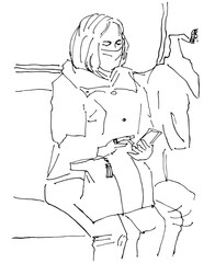  Human silhouette hand drawn one line flat illustration. Woman with bag travels in public transport people wearing mask. Line art sketch phone in hands listen music playing game public transport
