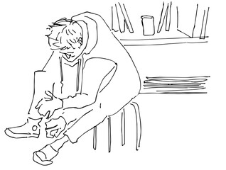 Flat Illustration Young Guy Line Drawing with Phone in Hands. One Line Minimalistic Realistic Cartoon Man Image Comic Style. Character Daily Life Clip Art Simplified Design. Sketch Boy Portrait 