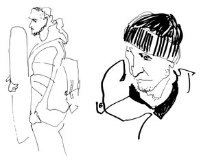 Flat Illustration Young Guy Line Drawing with Phone in Hands. One Line Minimalistic Realistic Cartoon Man Image Comic Style. Character Daily Life Clip Art Simplified Design. Sketch Boy Portrait 