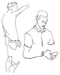 Fototapeta premium Flat Illustration Young Guy Line Drawing with Phone in Hands. One Line Minimalistic Realistic Cartoon Man Image Comic Style. Character Daily Life Clip Art Simplified Design. Sketch Boy Portrait 