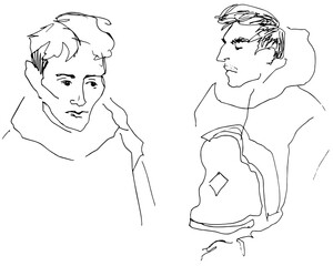 Flat Illustration Young Guy Line Drawing with Phone in Hands. One Line Minimalistic Realistic Cartoon Man Image Comic Style. Character Daily Life Clip Art Simplified Design. Guy With Backpack Travels 