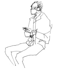 Human silhouette hand drawn one line flat illustration. Set Guy with backpack travels in public transport people wearing mask. line art sketch phone in hands concept smartphone as a part of life