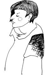 Youth girl beautiful face portrait full length linear fashion sketch illustration. Cover clip art for magazine, beauty salon, hairdresser. Trendy print hand-drawn pattern. People icons casual look