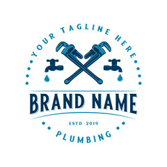 pipe repair emblem logo design. customizable wrench concept and faucet icon, for home plumbing repair business.
