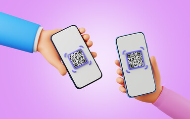 3D Cartoon holding smartphone for QR code scanning icon in smartphone