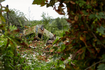 Car riddled with bullets. War of Russia against Ukraine. A car of civilians shot by the Russian military during the evacuation of women and children. Traces of bullets and fragments of shells