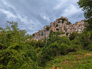 Fototapeta na wymiar Panoramic view of Cervara di Roma during cloudy day, a beautiful village in Rome Province, Lazio, Italy.
