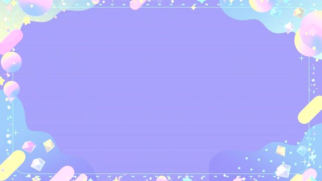 Looped soft pastel frame with bling bling diamonds, stars, rounded rectangles, and colorful gradient circles on a purple background animation.
