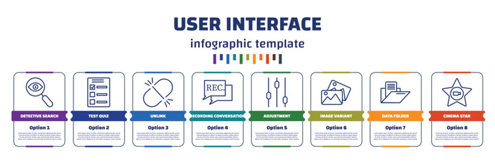 infographic template with icons and 8 options or steps. infographic for user interface concept. included detective search, test quiz, unlink, recording conversation, adjustment, image variant, data