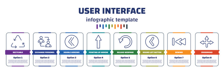 infographic template with icons and 8 options or steps. infographic for user interface concept. included recycable, exchange personel, double arrows, pointing up arrow, reload webpage, round left - obrazy, fototapety, plakaty