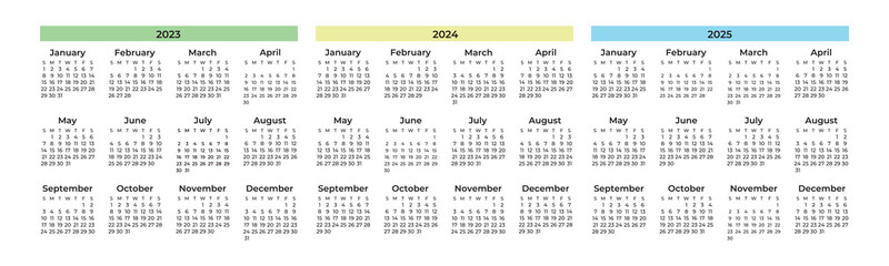 calendar 2023, 2024, 2025 with numbers. 
vector calendar for 2023, 2024 and 2025. layout. figures. simple calendar. months, weeks and days