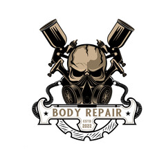 skull vector logo design. skull concept with painting tools, for car body repair and polishing.