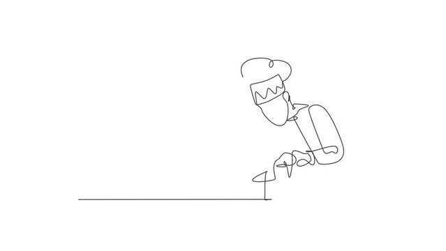 Animated self drawing of single continuous line draw young male chef decorating birthday pastry cake with whipping cream on restaurant kitchen. Bakery food concept. Full length one line animation.